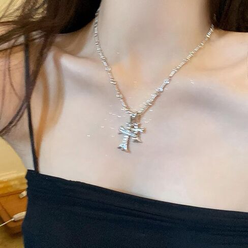 Buyongwant Double Cross Necklace Y2k Irregular Diamond Embedding Trend Hip Hop Fashion Retro Pendant Necklace in Saudi Arabia