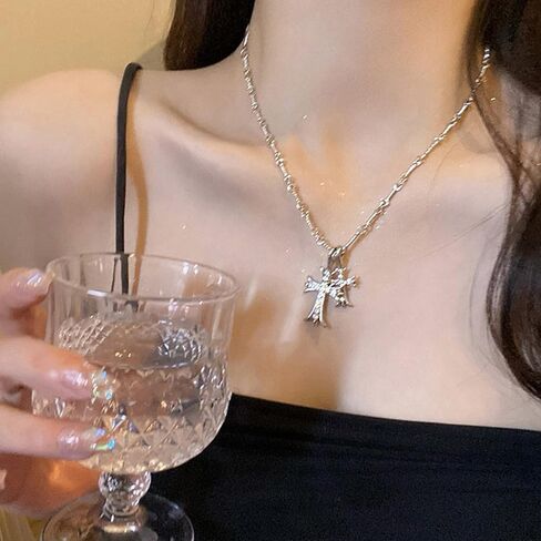 Buyongwant Double Cross Necklace Y2k Irregular Diamond Embedding Trend Hip Hop Fashion Retro Pendant Necklace in Saudi Arabia