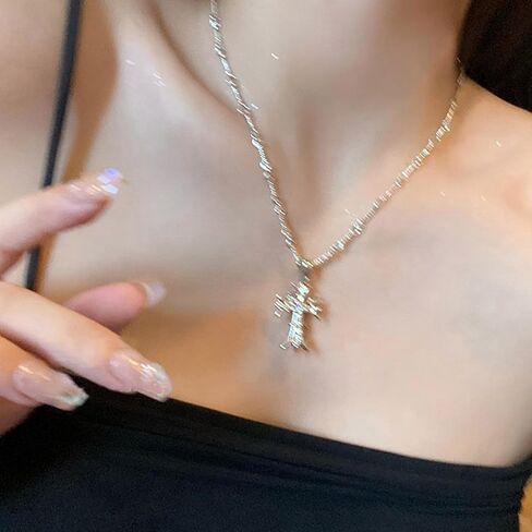 Buyongwant Double Cross Necklace Y2k Irregular Diamond Embedding Trend Hip Hop Fashion Retro Pendant Necklace in Saudi Arabia