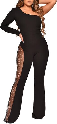 RINTONIX Women Sexy One Shoulder Bodycon Rhinestone Leg Jumpsuit Wide Leg Split Long Pant Club Romper Overall in Saudi Arabia