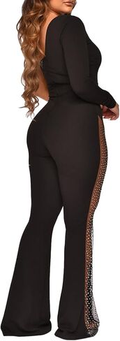 RINTONIX Women Sexy One Shoulder Bodycon Rhinestone Leg Jumpsuit Wide Leg Split Long Pant Club Romper Overall in Saudi Arabia