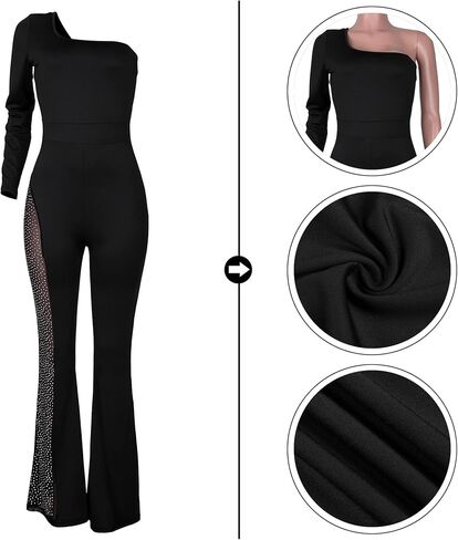 RINTONIX Women Sexy One Shoulder Bodycon Rhinestone Leg Jumpsuit Wide Leg Split Long Pant Club Romper Overall in Saudi Arabia