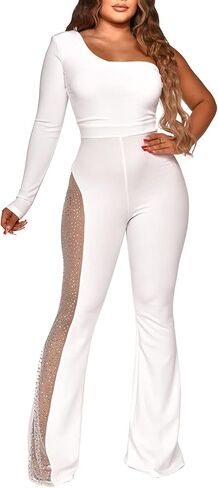 RINTONIX Women Sexy One Shoulder Bodycon Rhinestone Leg Jumpsuit Wide Leg Split Long Pant Club Romper Overall in Saudi Arabia