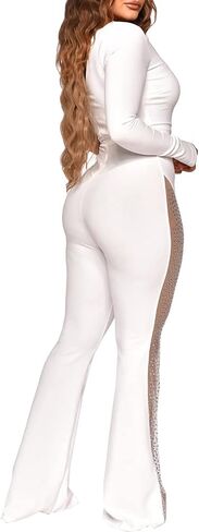 RINTONIX Women Sexy One Shoulder Bodycon Rhinestone Leg Jumpsuit Wide Leg Split Long Pant Club Romper Overall in Saudi Arabia