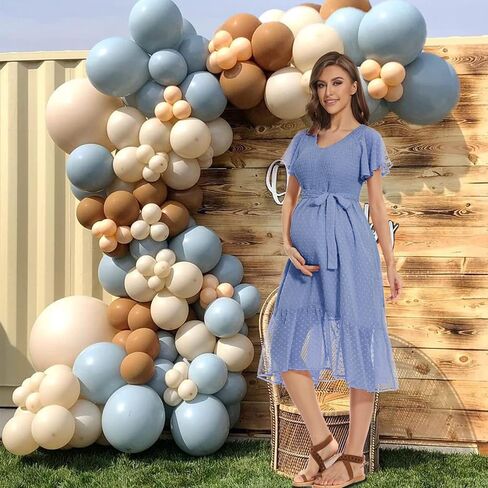 فستان حمل متوسط ​​الطول بأكمام قصيرة ورقبة على شكل حرف V من Boho Flutter لحفلات استقبال المولود الجديد/التقاط الصور، فستان حمل بنقاط سويسرية أزرق in Kuwait