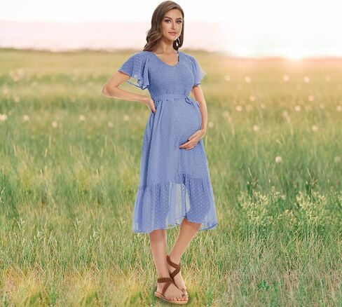 فستان حمل متوسط ​​الطول بأكمام قصيرة ورقبة على شكل حرف V من Boho Flutter لحفلات استقبال المولود الجديد/التقاط الصور، فستان حمل بنقاط سويسرية أزرق in Kuwait