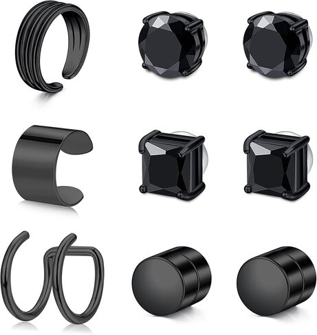 AVYRING الأقراط المغناطيسية للرجال الأصفاد الأذن الأقراط غير ثقب الأذن كليب الأقراط وهمية الفضة الأسود المغناطيس الأقراط للرجال الأقراط الماس وهمية 9PCS in Kuwait