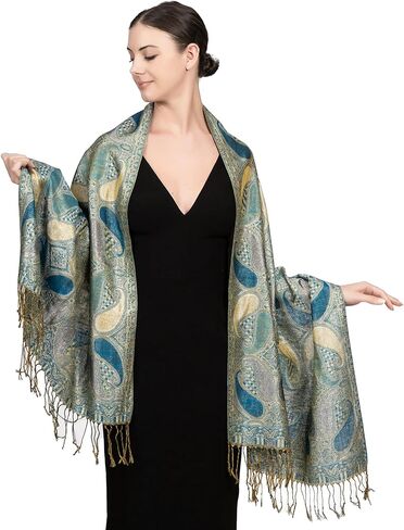 Achillea Women’s Paisley Pattern Sparkling Metallic Pashmina Shawl Wrap Scarf Stole in Kuwait