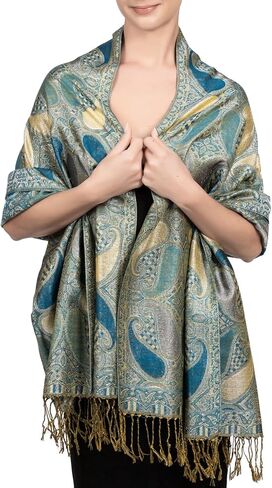 Achillea Women’s Paisley Pattern Sparkling Metallic Pashmina Shawl Wrap Scarf Stole in Kuwait