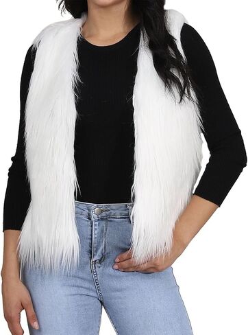 EASEDAILY المرأة الفراء سترة بيضاء بلا أكمام فو الفراء معطف قصير الفراء سترات الخريف والشتاء الفراء سترة صدرية للفتيات in Kuwait