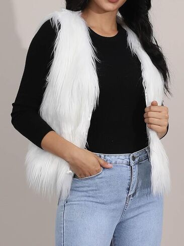 EASEDAILY المرأة الفراء سترة بيضاء بلا أكمام فو الفراء معطف قصير الفراء سترات الخريف والشتاء الفراء سترة صدرية للفتيات in Kuwait