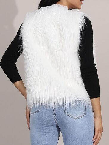 EASEDAILY المرأة الفراء سترة بيضاء بلا أكمام فو الفراء معطف قصير الفراء سترات الخريف والشتاء الفراء سترة صدرية للفتيات in Kuwait