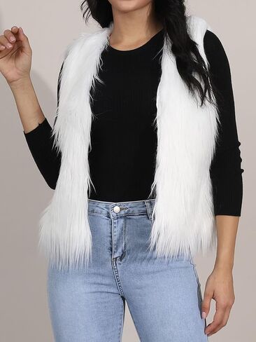 EASEDAILY المرأة الفراء سترة بيضاء بلا أكمام فو الفراء معطف قصير الفراء سترات الخريف والشتاء الفراء سترة صدرية للفتيات in Kuwait