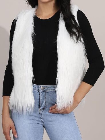 EASEDAILY المرأة الفراء سترة بيضاء بلا أكمام فو الفراء معطف قصير الفراء سترات الخريف والشتاء الفراء سترة صدرية للفتيات in Kuwait