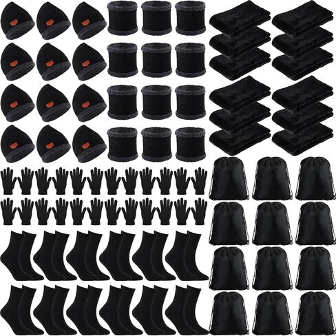 Suhine 72 Pcs Winter Beanie Hat Neck Warmer Gloves and Sock Set with Warm Fuzzy Blanket and Drawstring Bags Bulk for Men Women Homeless Care, Black in Saudi Arabia