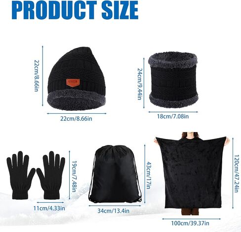 Suhine 72 Pcs Winter Beanie Hat Neck Warmer Gloves and Sock Set with Warm Fuzzy Blanket and Drawstring Bags Bulk for Men Women Homeless Care, Black in Saudi Arabia