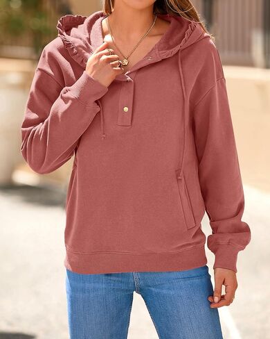 PRETTYGARDEN بلوزات نسائية 2024 قميص قطني بكم طويل زر الرباط حافة كشكش هوديس الخريف البلوز مع جيوب in Kuwait