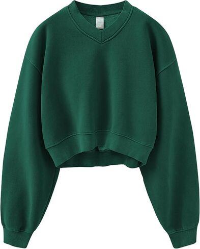 Meladyan Women Casual Cropped Sweatshirt Basic Solid Long Sleeve Fleece V Neck Loose Drop Shoulder Pullover Crop Tops Vintage in Kuwait