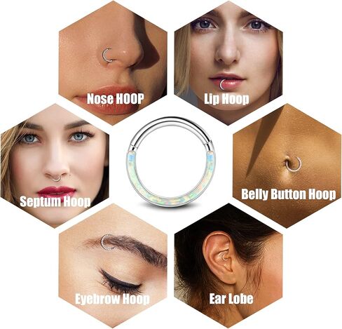 MILACOLATO 16G 18G Septum Rings for Women | 316L Surgical Stainless Steel Hinged Septum Clicker Nose Rings Hoop | Opal CZ Cartilage Conch Helix Rook Body Piercing Jewelry in Kuwait