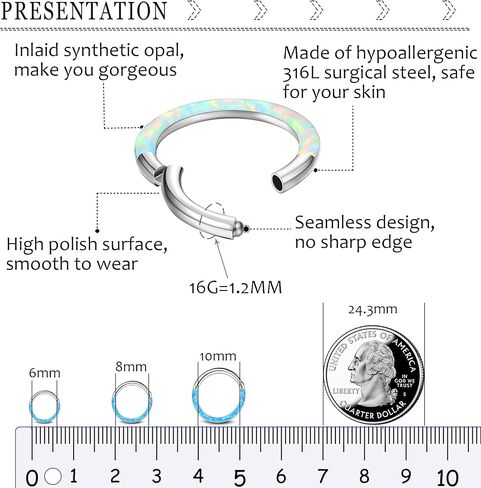 MILACOLATO 16G 18G Septum Rings for Women | 316L Surgical Stainless Steel Hinged Septum Clicker Nose Rings Hoop | Opal CZ Cartilage Conch Helix Rook Body Piercing Jewelry in Kuwait