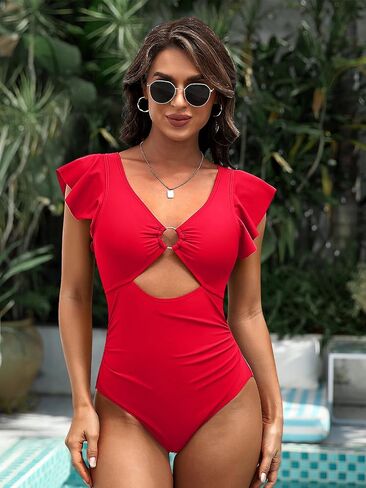SOCIALA Ruffle One Piece Swimsuit Women O-Ring Cutout Bathing Suit Sexy Monokini Swimwear S-XL in Saudi Arabia