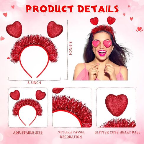 8 قطع قلب العصابة عيد الحب القلب عصابة الرأس الأحمر الوردي رئيس البوب و القلب نظارات شمسية ملونة نظارات شمسية القلب نظارات العين الحب الملحقات للنساء عطلة عيد الميلاد in Kuwait