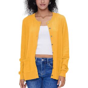 OPREXO Women's Casual Open Front Button Long Sleeve Knit Pocket Lightweight Cardigan