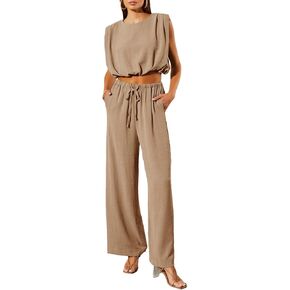 Dokotoo Summer 2 Piece Outfits for Women Sleeveless Crop Tank Tops and Wide Leg Pants with Pockets