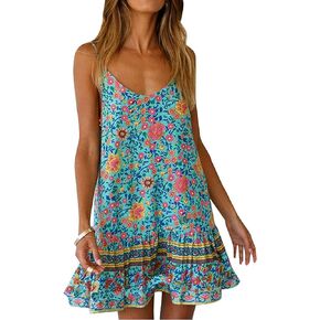 Qearal Womens Boho Floral Printed Dress Summer Sleeveless Adjustable Strap Beach Mini Dress with Pockets