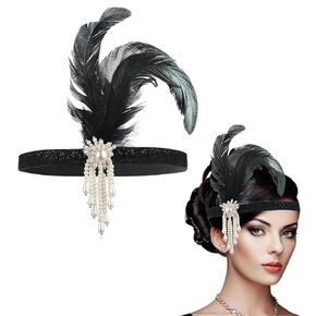 WLLHYF 1920s Flapper Headband، ريشة أغطية الرأس غطاء الرأس الأسود ملابس 1920s Fashion Bling حجر الراين إكسسوارات الشعر للنساء الفتيات Gatsby Themes زي حفلة موسيقية الديكور (الخرز الأبيض)