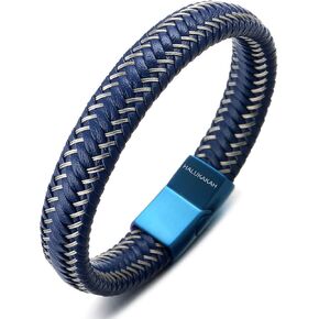 Halukakah ● JAZZ ● Men's Genuine Black/Brown/Blue Leather Bracelet Sport Red/Gun Black/Sail Blue/Moonlight Silver Titanium Magnetic Clasp Size Adjustable 8.5"-9"(21.5-23cm) FREE Giftbox