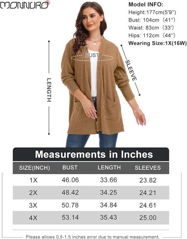 MONNURO Plus Size Open Front Cardigan Sweaters for Women Lightweight Long Sleeve Fall Coat with Pockets in Kuwait