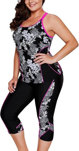 joo meryer Womens 2pcs Floral Printed Racerback Tankini Swimsuits with Swim Capris Plus Size M-XXXXXL in Saudi Arabia
