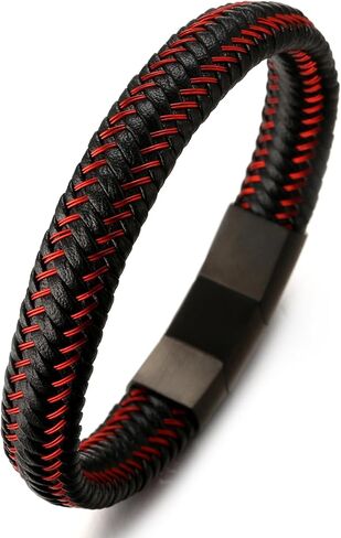 Halukakah ● JAZZ ● Men's Genuine Black/Brown/Blue Leather Bracelet Sport Red/Gun Black/Sail Blue/Moonlight Silver Titanium Magnetic Clasp Size Adjustable 8.5"-9"(21.5-23cm) FREE Giftbox in Saudi Arabia