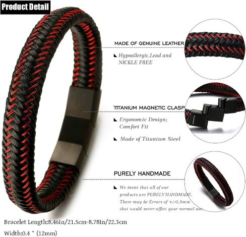 Halukakah ● JAZZ ● Men's Genuine Black/Brown/Blue Leather Bracelet Sport Red/Gun Black/Sail Blue/Moonlight Silver Titanium Magnetic Clasp Size Adjustable 8.5"-9"(21.5-23cm) FREE Giftbox in Saudi Arabia