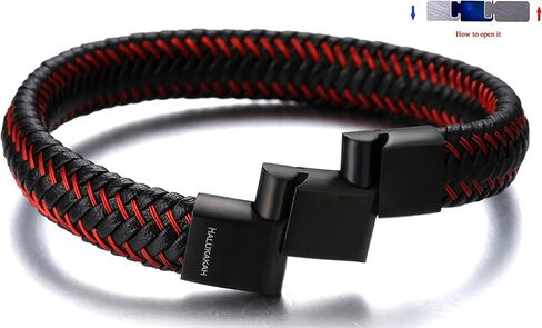 Halukakah ● JAZZ ● Men's Genuine Black/Brown/Blue Leather Bracelet Sport Red/Gun Black/Sail Blue/Moonlight Silver Titanium Magnetic Clasp Size Adjustable 8.5"-9"(21.5-23cm) FREE Giftbox in Saudi Arabia
