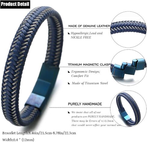 Halukakah ● JAZZ ● Men's Genuine Black/Brown/Blue Leather Bracelet Sport Red/Gun Black/Sail Blue/Moonlight Silver Titanium Magnetic Clasp Size Adjustable 8.5"-9"(21.5-23cm) FREE Giftbox in Saudi Arabia