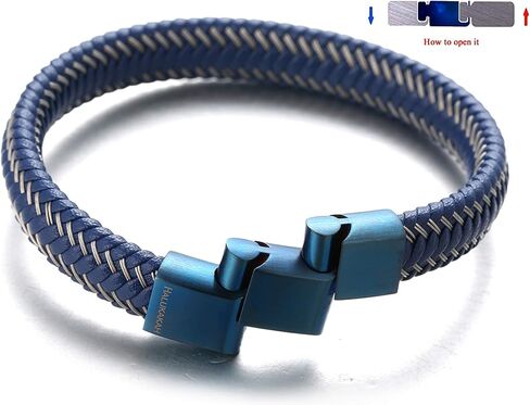 Halukakah ● JAZZ ● Men's Genuine Black/Brown/Blue Leather Bracelet Sport Red/Gun Black/Sail Blue/Moonlight Silver Titanium Magnetic Clasp Size Adjustable 8.5"-9"(21.5-23cm) FREE Giftbox in Saudi Arabia