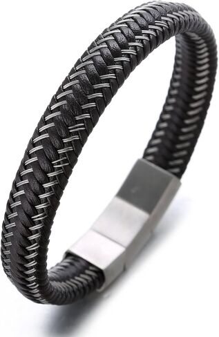 Halukakah ● JAZZ ● Men's Genuine Black/Brown/Blue Leather Bracelet Sport Red/Gun Black/Sail Blue/Moonlight Silver Titanium Magnetic Clasp Size Adjustable 8.5"-9"(21.5-23cm) FREE Giftbox in Saudi Arabia