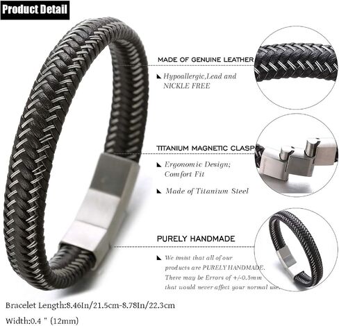 Halukakah ● JAZZ ● Men's Genuine Black/Brown/Blue Leather Bracelet Sport Red/Gun Black/Sail Blue/Moonlight Silver Titanium Magnetic Clasp Size Adjustable 8.5"-9"(21.5-23cm) FREE Giftbox in Saudi Arabia