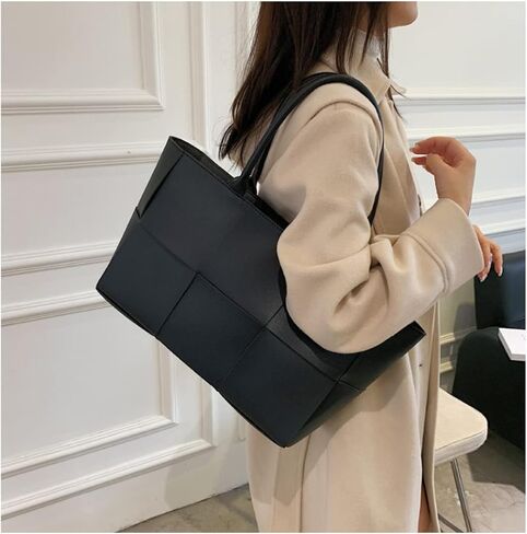 Women Large Leather Woven Shoulder Bag Crossbody Bag,Ladies Top Handle Satchel Tote Work Bag with Matching Clutch in Kuwait
