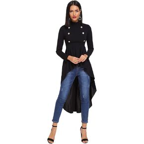 Floerns Women's Double Button Long Sleeve Round Neck Asymmetrical Blouse Tops