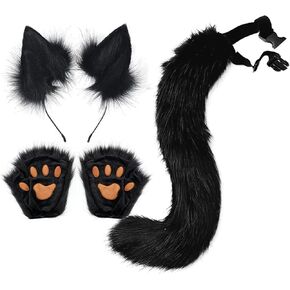 Fox Ears and Tail Women Fluffy Furry Faux Fur Wolf Cat Ear Headband Paw Gloves Set Costume Accessories