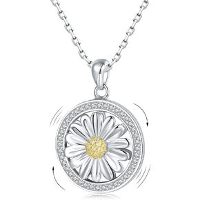 Bolelis 925 Sterling Silver Daisy Necklace for Women - Round Spinner Daisy Flower Pendant Necklace with Cubic Zirconia Shining Rotatable Daisy Jewelry for Teen Girls,Rolo Chain 18"+2"…