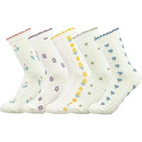 Kimkshine Womens Crew Socks Casual Cotton Cute Frilly Socks Fun Novelty Thin Dress Floral Socks For Girls 3/5 Pack