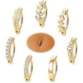 REVOLIA 7Pcs 14G Stainless Steel Clicker Belly Button Ring for Women Girls Hypoallergenic Clicker Belly Rings Reverse Curved Navel Ring Cubic Zirconia Leaf Belly Barbell Piercing 10/12MM