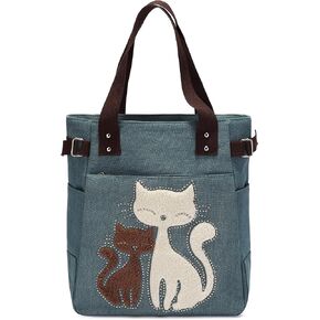 KAUKKO Women Canvas Handbag Shoulder Bag Cat Big Tote Bag