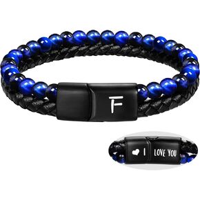 Initial Bracelets for Men I Love You Gifts for Him Leather Beaded Bracelets Blue Tiger Eye Bead Letter A-Z Cuff Anxiety Relief Retirement Anniversary Birthday Gift for Boyfriend Dad Husband Son Christmas Jewelry