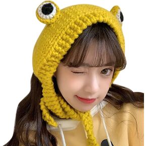 ANKOMINA Women Girls Frog Headband Hat Cute Crochet Knitted Winter Beanie Cap Big Eye Frog Earflap Ear Protective Photo Props