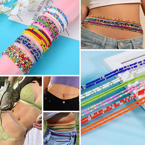 FUNEIA 32 قطعة سلاسل خرز الخصر للنساء، خرز البطن للخصر، مجموعة سلاسل خصر مرنة قابلة للتعديل (31.4-35.4 بوصة) in Kuwait